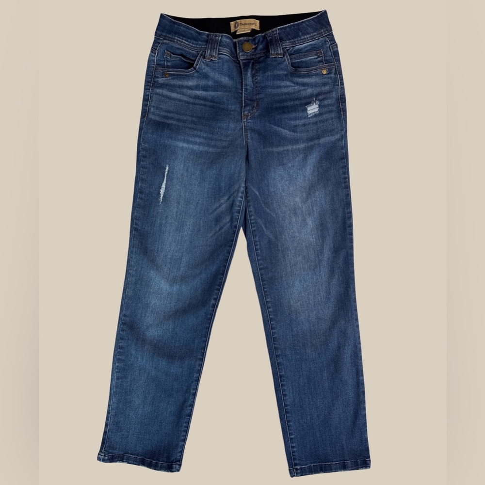 Democracy “Ab” Solution Straight Leg Jeans Blue Distressed Denim Stretch SZ 8